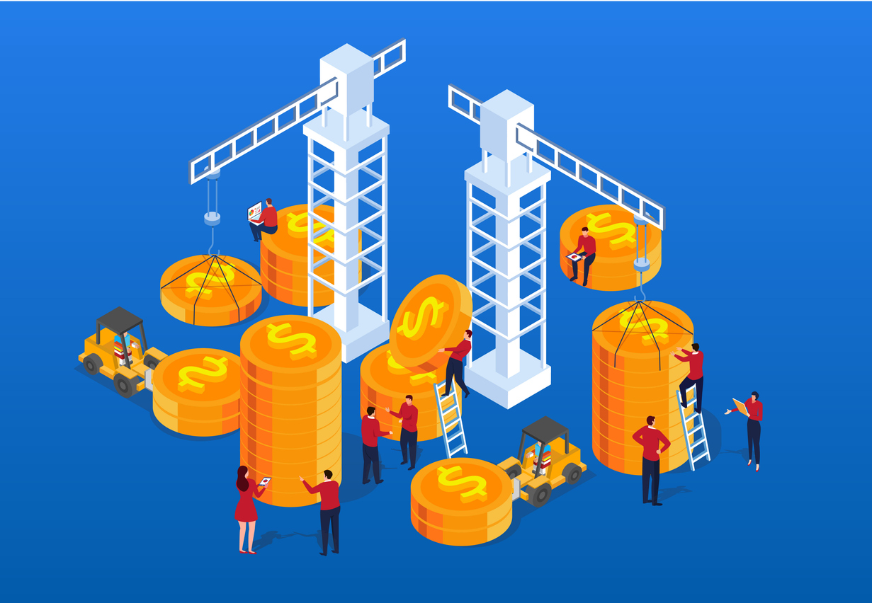 Illustration of construction cranes stacking money and saving cost