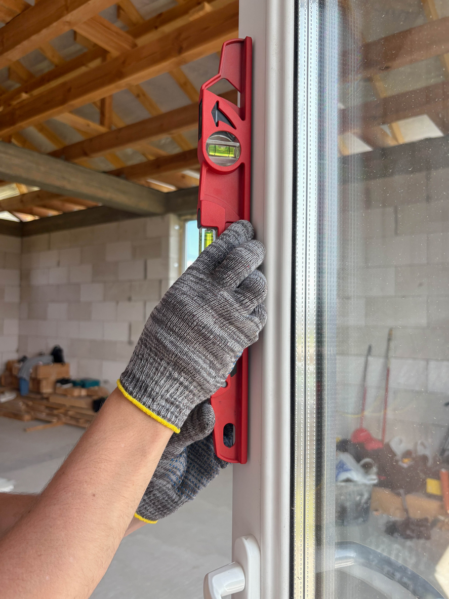 Contractor field tech using a scaling tool on a door frame
